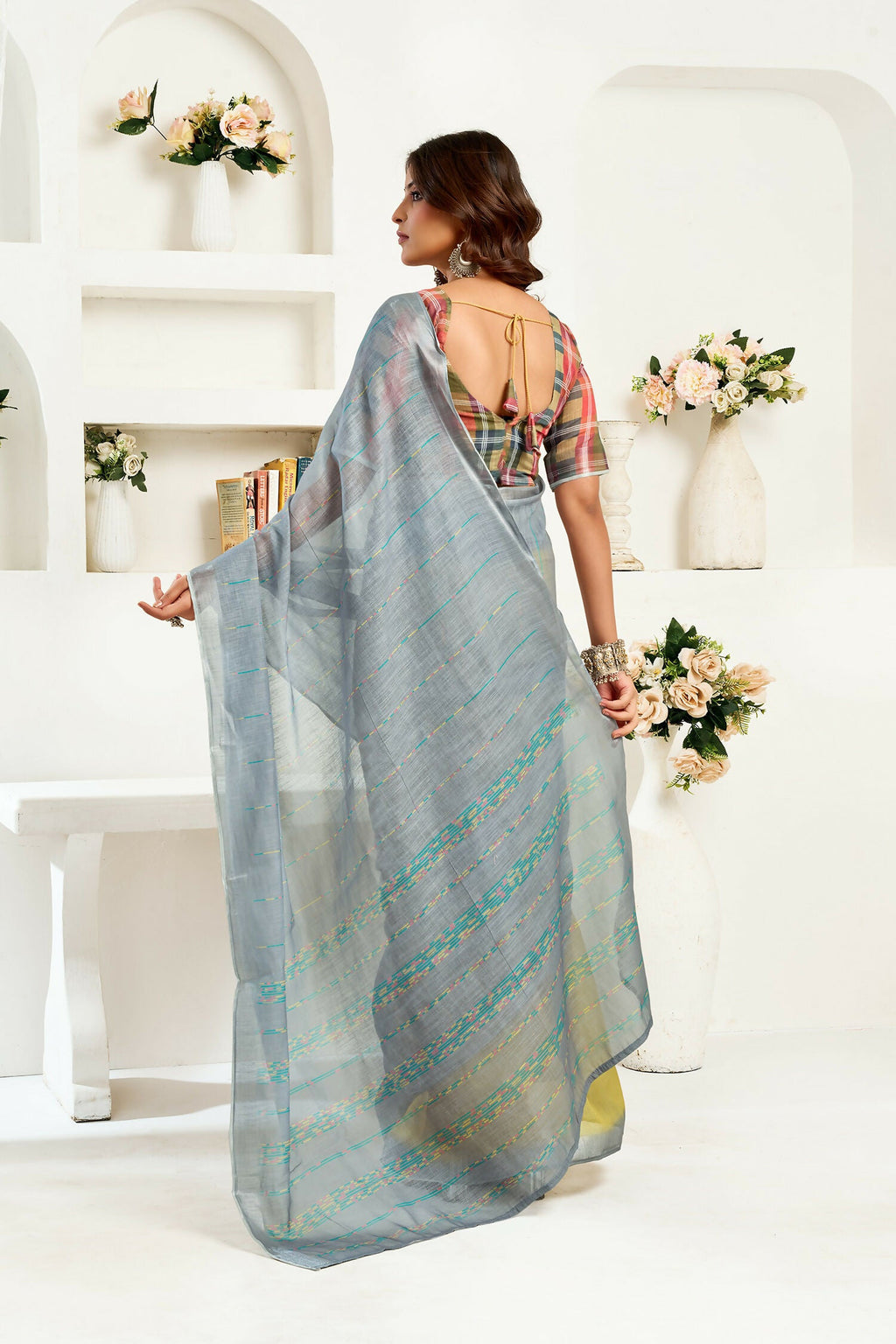 Joban Fashion Grey  Striped Linen Ready To Wear Saree With Unstitched Blouse - Distacart