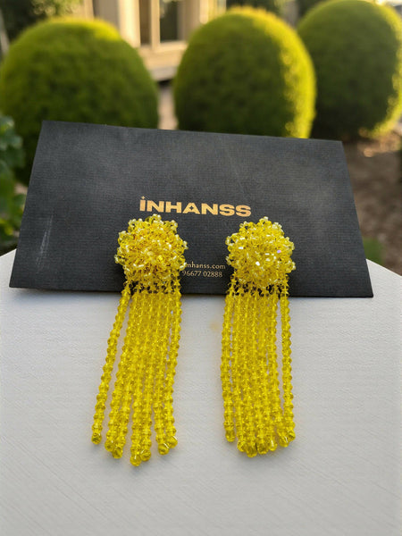 Inhanns Handmade Crystal Waterfall Earrings - Long - Lemon Yellow Big