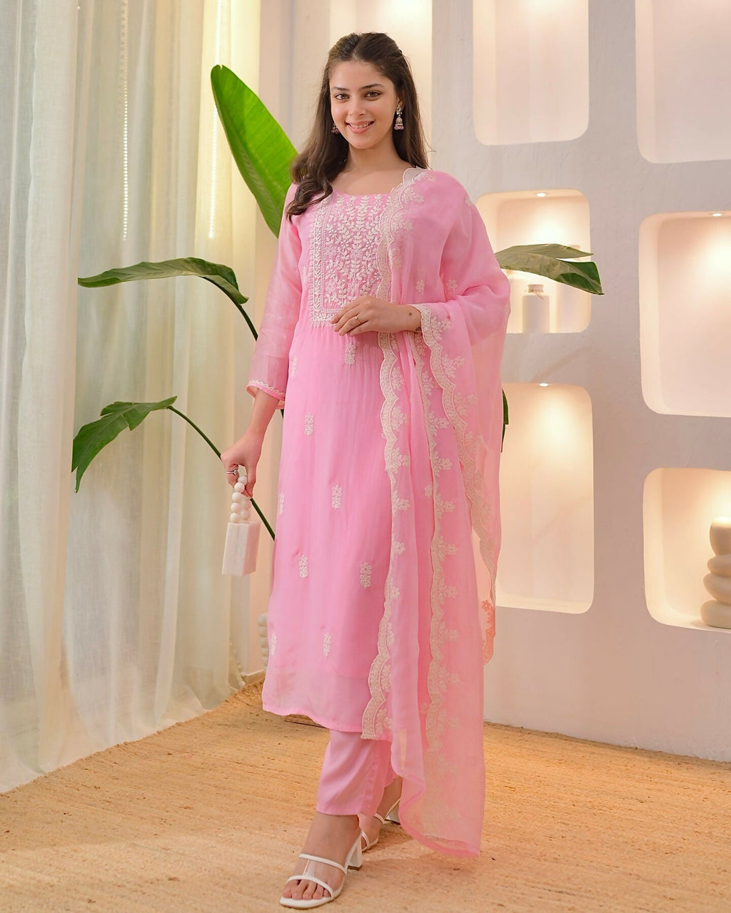 The52 Pink Women's Beautiful Chikankari Work Chanderi Fabric Straight Kurta Pant and Dupatta Set - Distacart