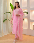 The52 Pink Women's Beautiful Chikankari Work Chanderi Fabric Straight Kurta Pant and Dupatta Set - Distacart