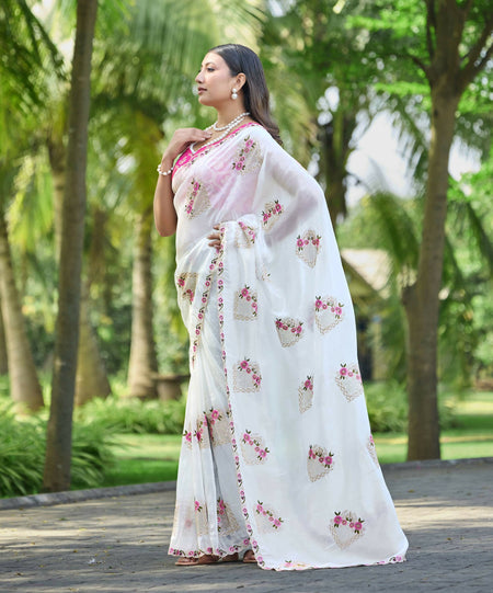 Teeya Creation White Color Pure Paper Silk Heavy Embroidery Work Wedding Wear Saree