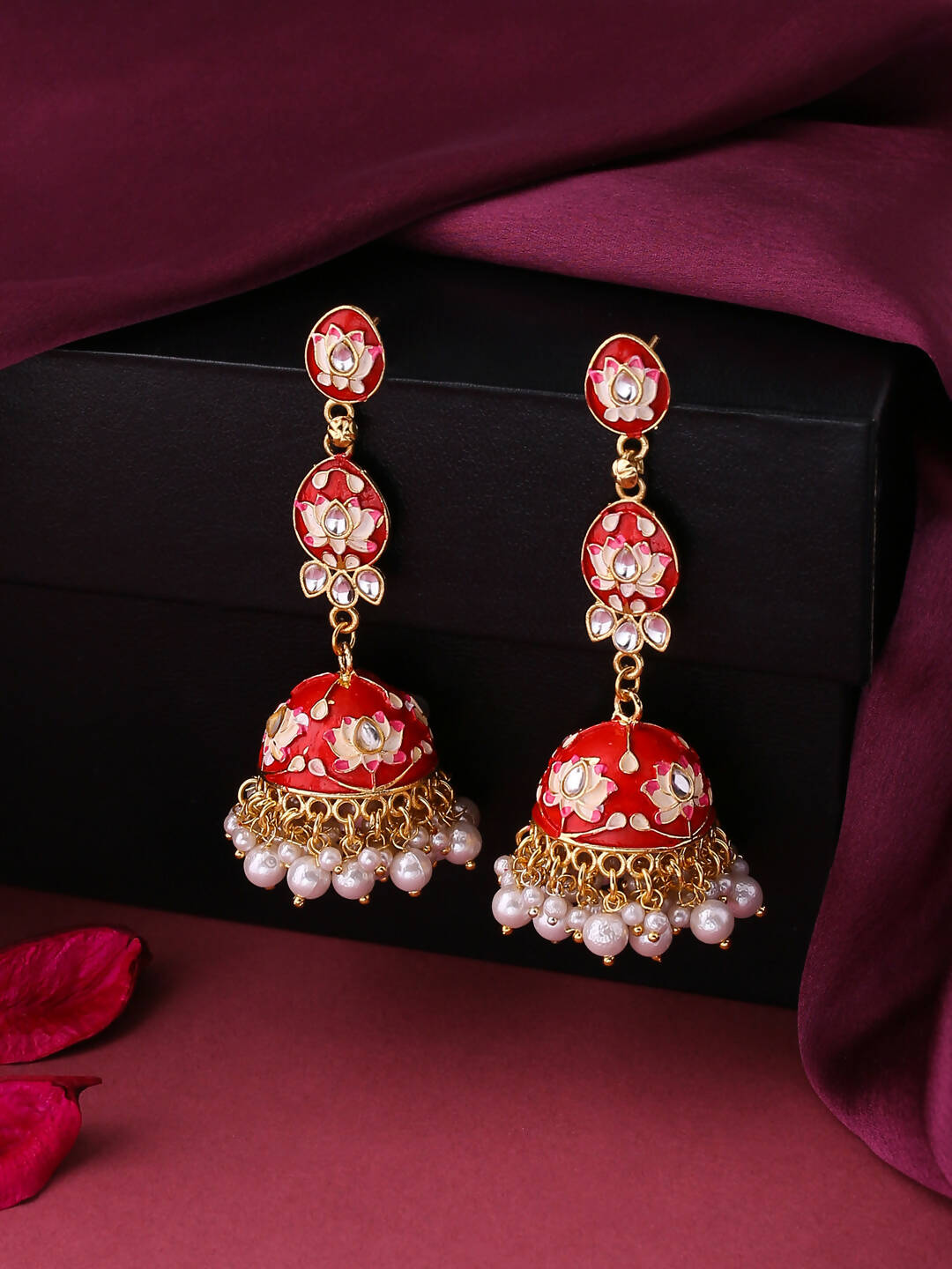NVR Women Gold Plated Red Kundan Jhumkas Earrings - Distacart