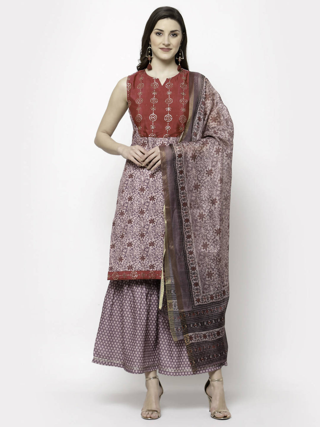 Myshka Multicolor Cotton Blend Printed Sleeveless Round Neck Kurta Palazzo Dupatta Set
