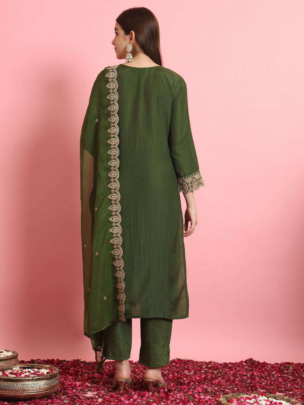 Vellora Green Silk Blend Readymade Suit for Everyday Elegance