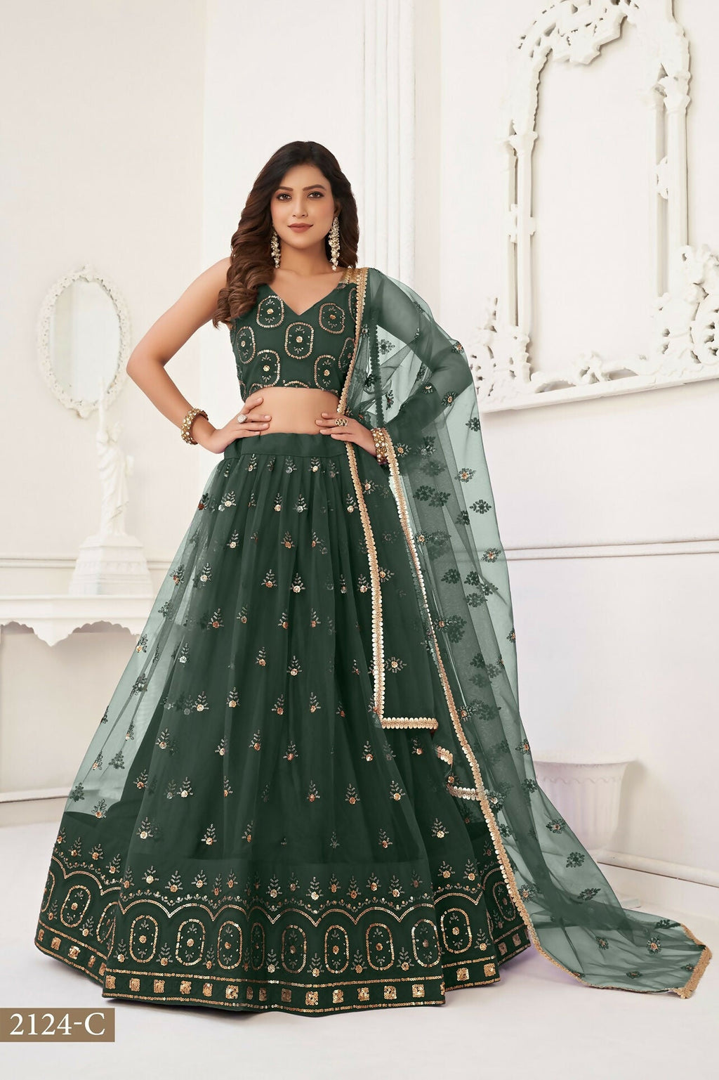 Eilara Women'S Dark Green Butterfly Net With Tone Thread Work And Sandwich Embroidered Work Lehenga Choli For Wedding