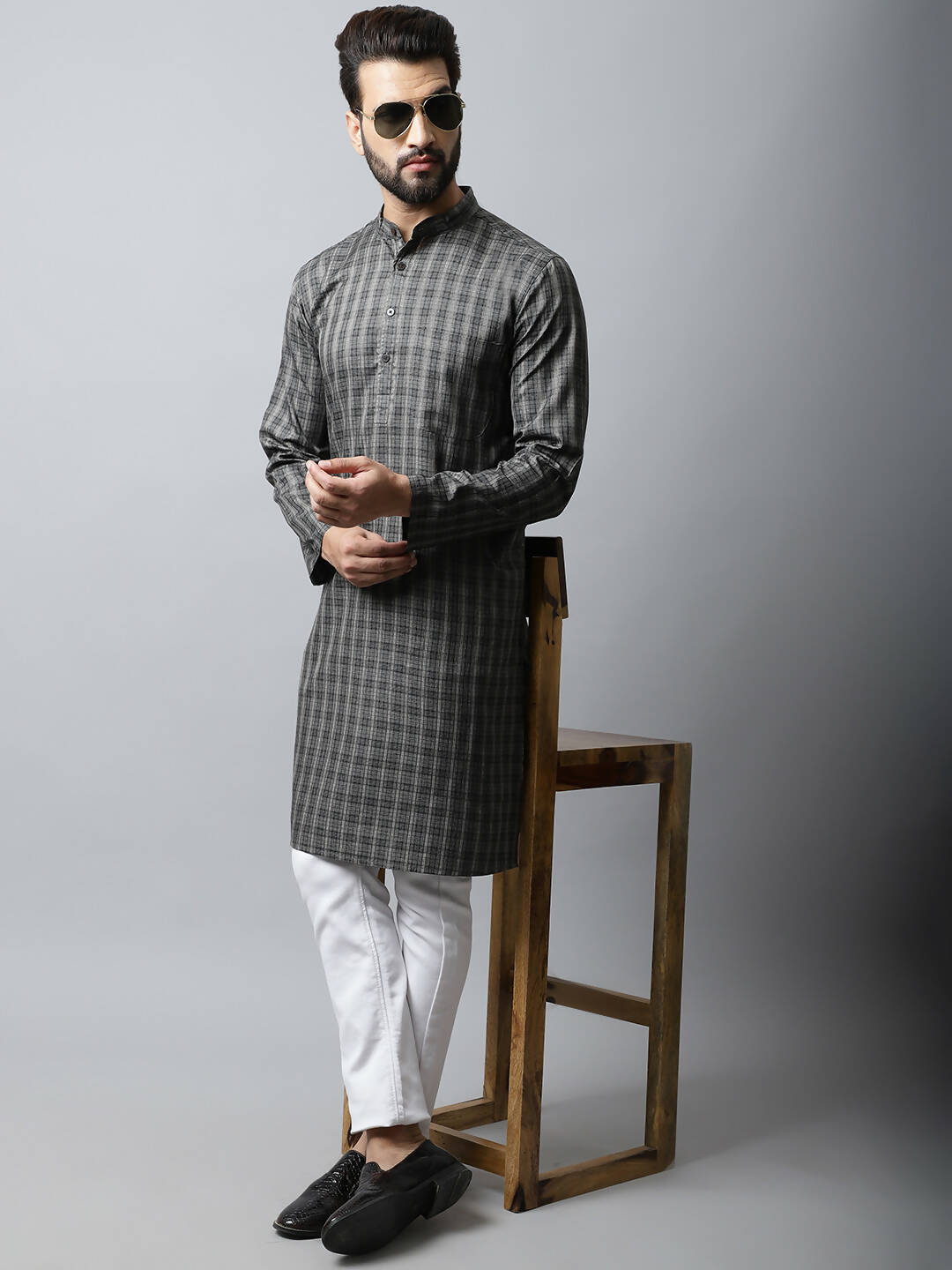 Even Apparels Brown Color Cotton Checked Men's Kurta With Band Collar (CHK1157) - Distacart