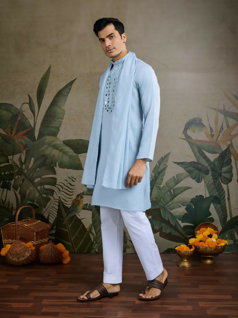 Vastranavya Sky Blue Exclusive Viscose Silk Festival Wear Real Mirror Work Kurta with Dupatta