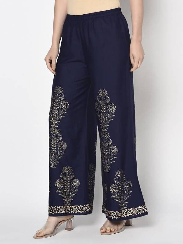 Aniyah Rayon Navy Blue Color Gold Print Flared Slip-On Palazzo (AN-193K)
