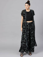 Ahalyaa Black Georgette Crepe Printed Top Palazzo Set With Jacket - Distacart