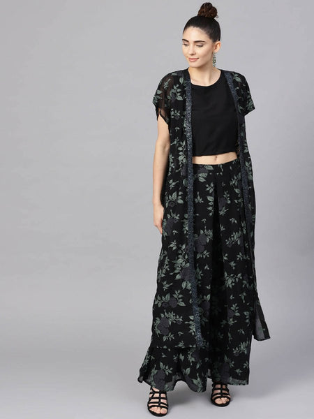 Ahalyaa Black Georgette Crepe Printed Top Palazzo Set With Jacket