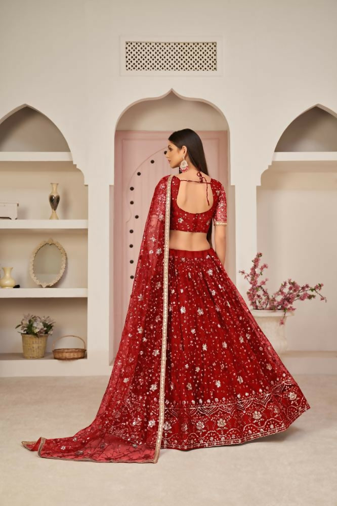 Aastha Fashion Red Butterfly Net All Over Thread Work, Zari Work And Sandwich Sequence Work Embroidery Wedding Wear Lehenga Choli