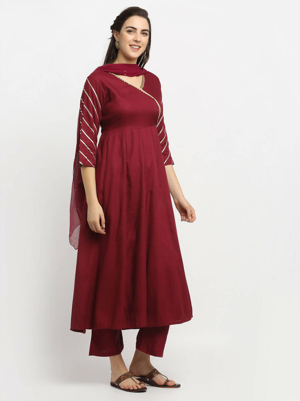 Rudra Bazaar Wine Angrakha Style Flared Anarkali Kurta with Pyjamas & Dupatta - Distacart
