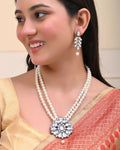 VOJ Gold-Polished Kundan Studded Pearl Long Necklace And Earrings Set