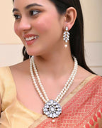VOJ Gold-Polished Kundan Studded Pearl Long Necklace And Earrings Set