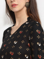 Rudra Bazaar Floral Printed A-Line Flared Black Kurti - Distacart