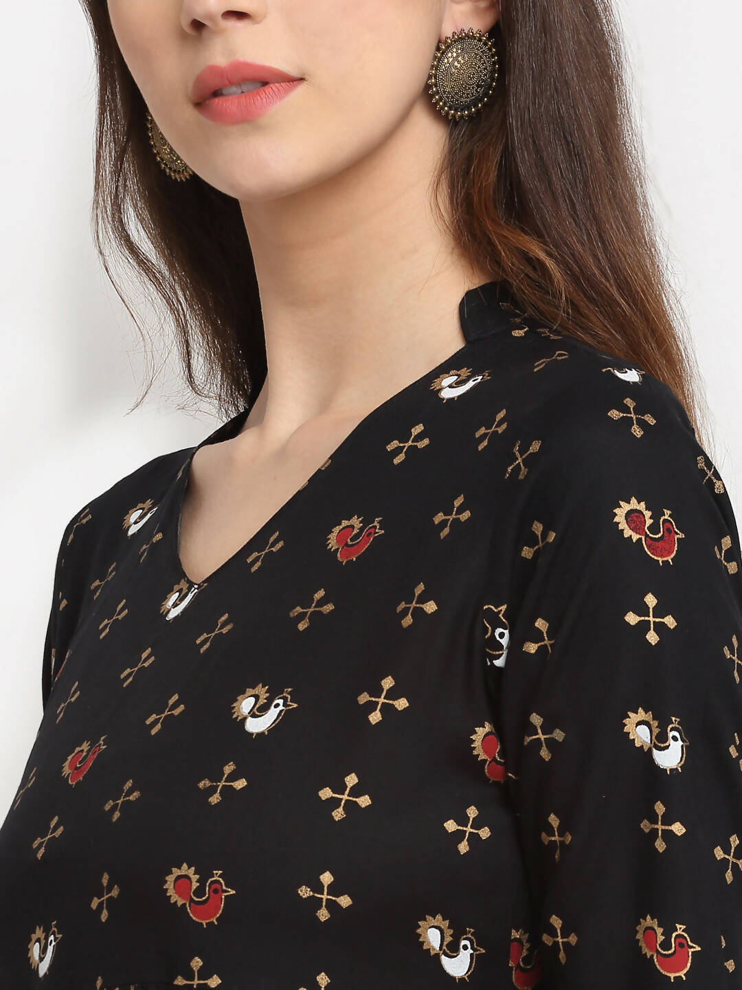 Rudra Bazaar Floral Printed A-Line Flared Black Kurti - Distacart