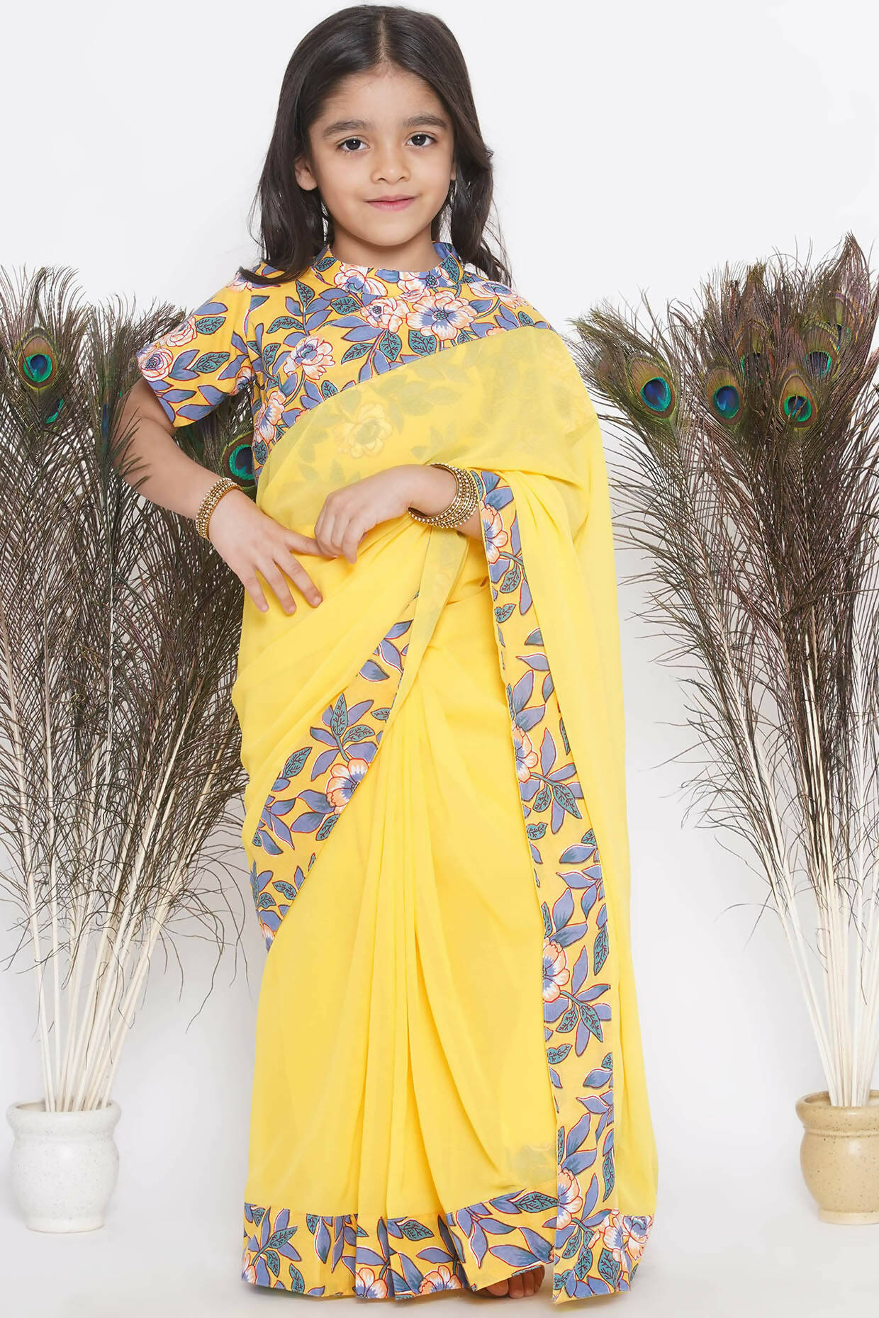 Little Bansi Floral Print Ready To Wear Saree And Floral Blouse - Yellow