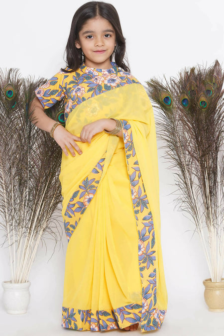 Little Bansi Floral Print Ready To Wear Saree And Floral Blouse - Yellow