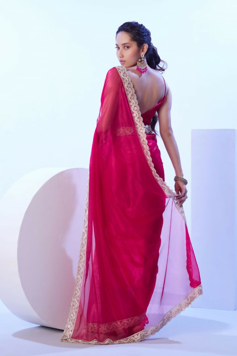 Pink C/H Net Solid Designer & Lace Work Saree - Samaa