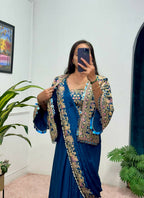 Teeya Creation Teal Color Chinon Silk Embroidery Work Ready To Wear Party Wear Saree With Koti - Distacart