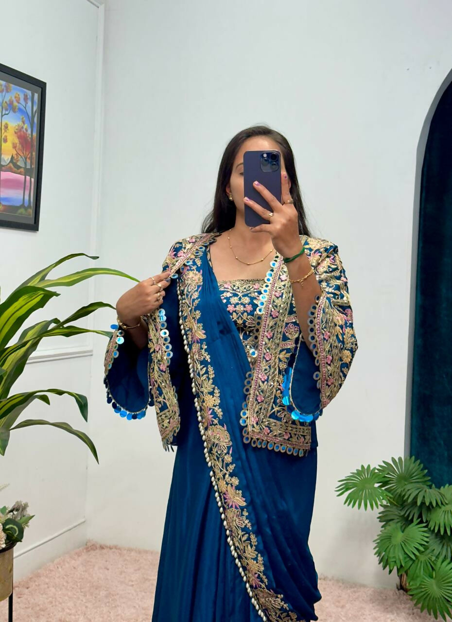 Teeya Creation Teal Color Chinon Silk Embroidery Work Ready To Wear Party Wear Saree With Koti - Distacart