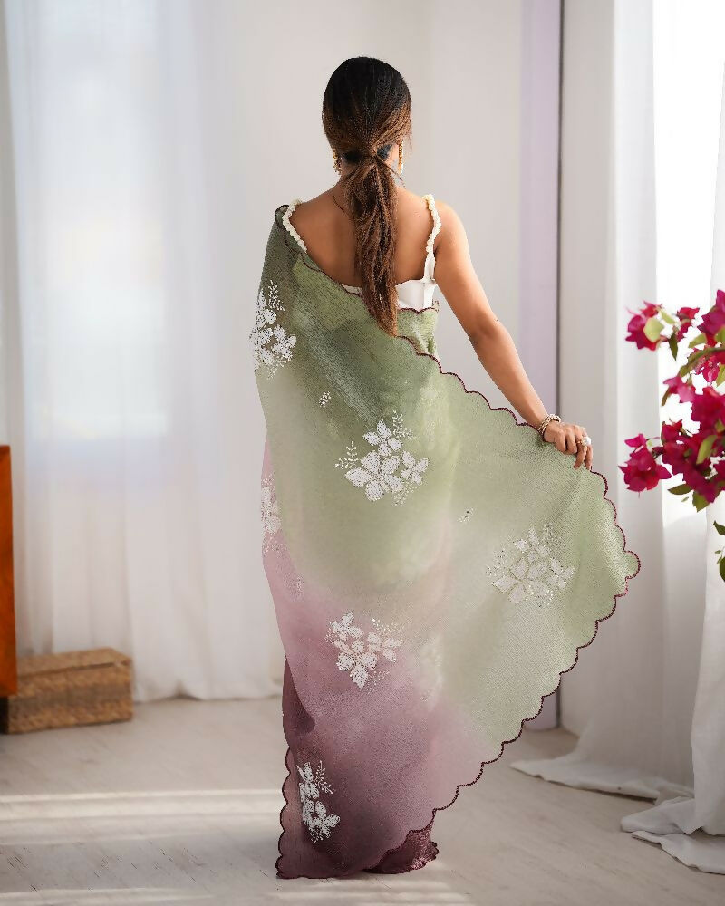 Pista and Wine Crunchy Crush Pedding Color Embroidery Work Party Wear Saree - Zuleika