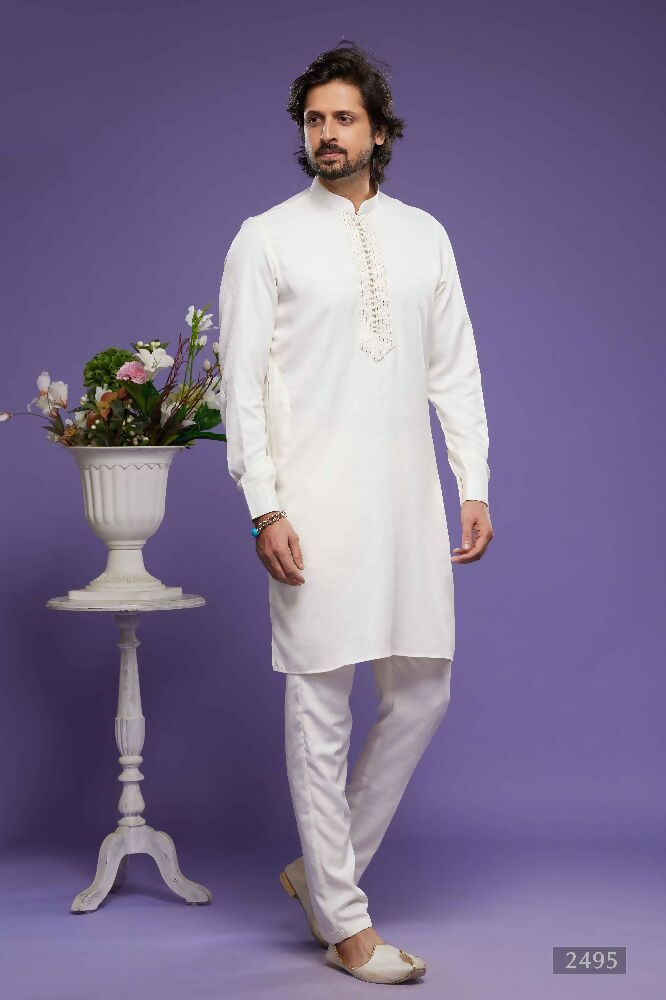 Raivat Ethnic Art Banarasi Silk Thread Work Kurta Pajama In Cream Colour