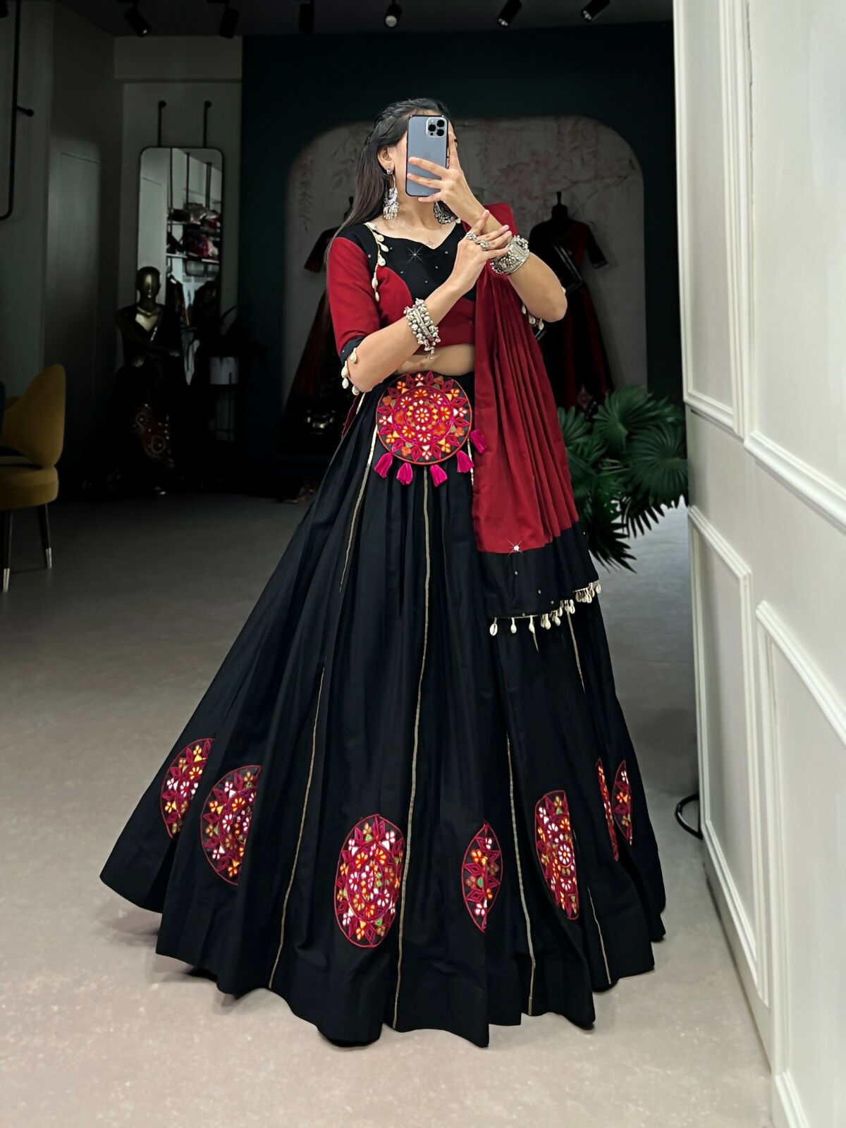 Vastranavya Navaratri Special Pure Cotton Gamthi Patch Work With Gota Patti Touch Up Lehenga Stitched Choli - Black