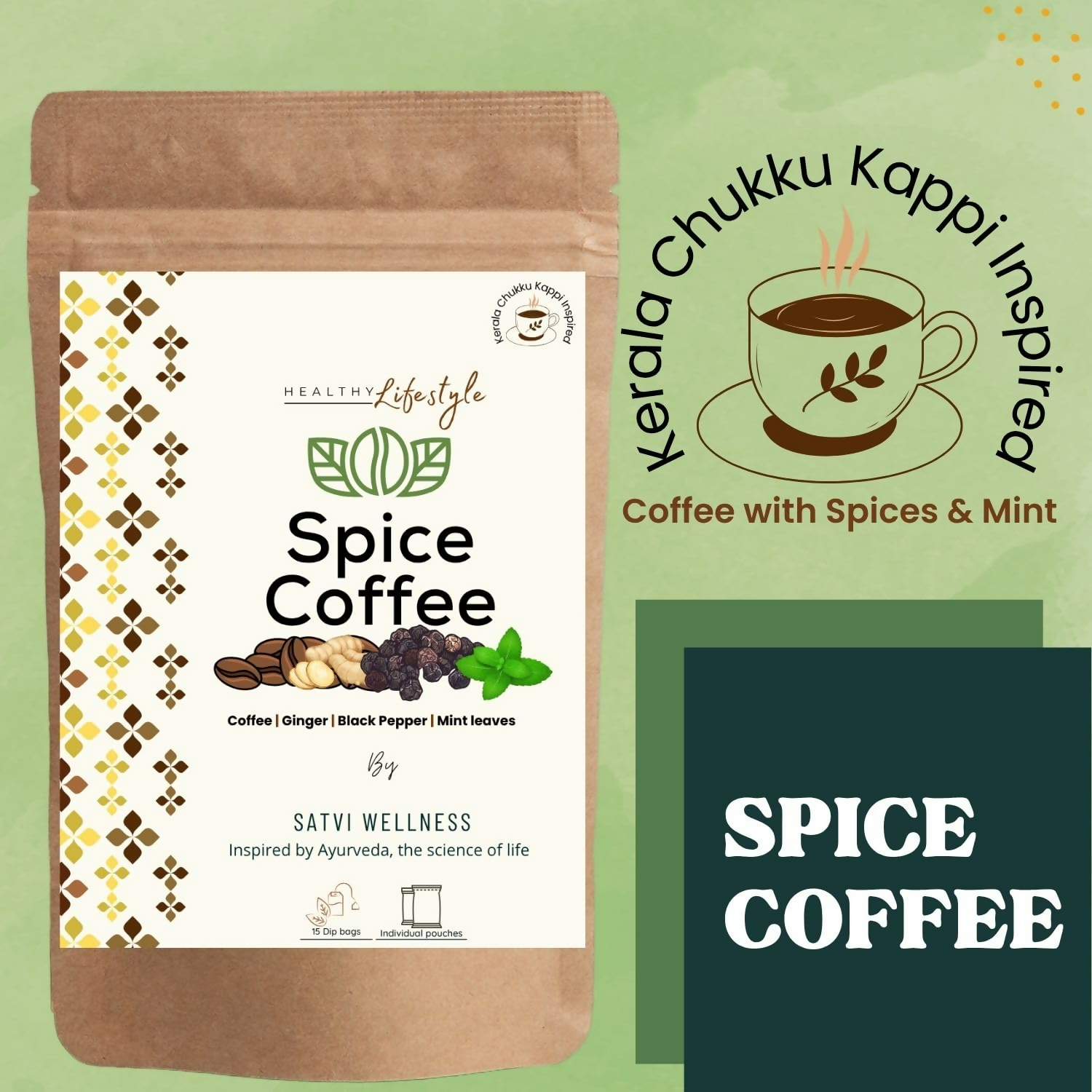 Satvi Wellness Chukkukappi With Mint Spice Coffee With Ginger,Black Pepper In Biodegradable Tea Bags