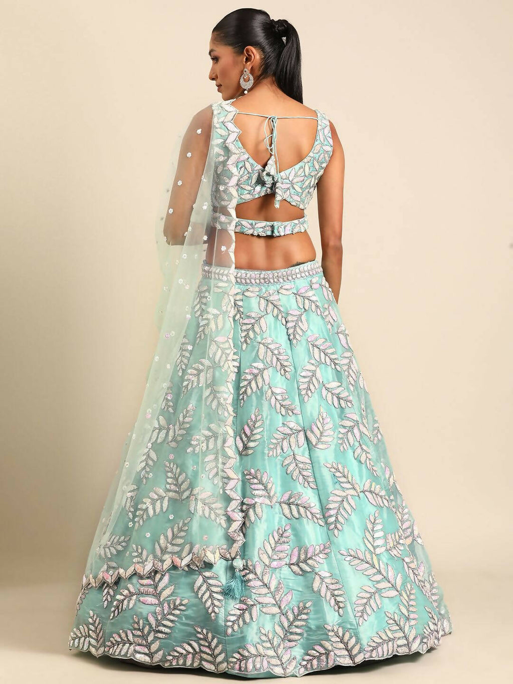 House of Panchhi Turquoise Blue Organza Sequins & Zarkan embroidery Lehenga choli & Dupatta