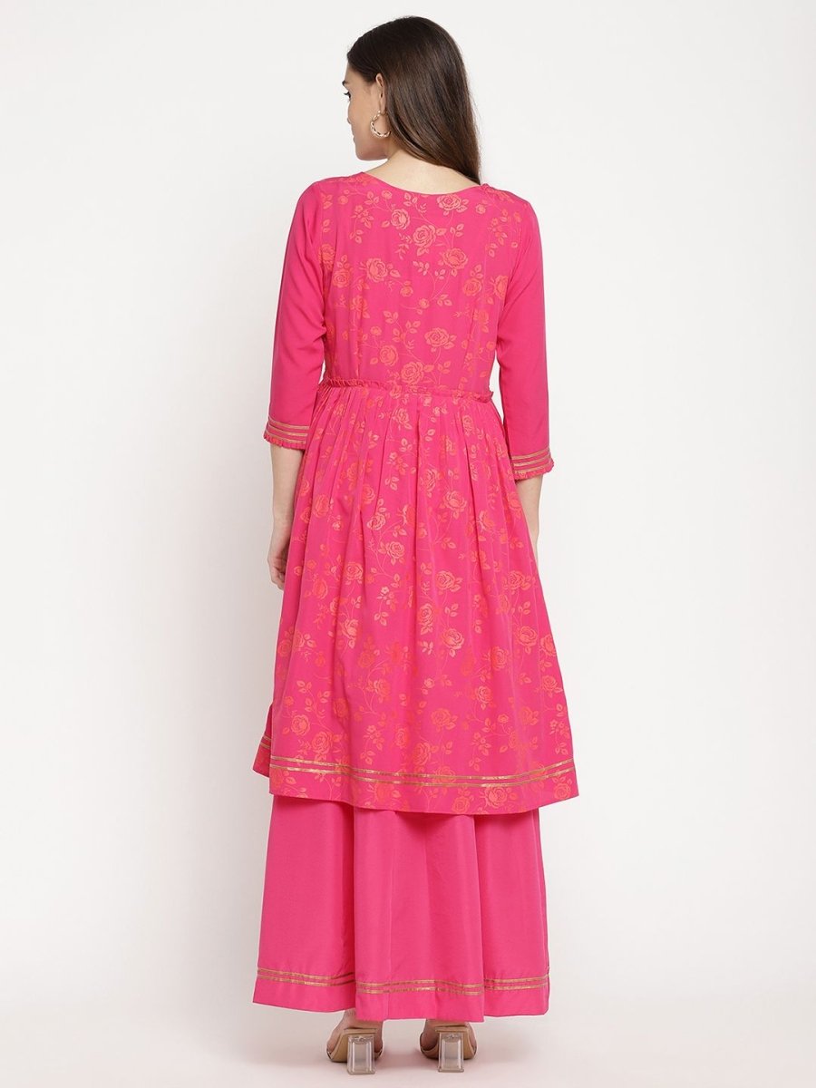 Ahalyaa Dark Pink Crepe Khari Print Dress For Women