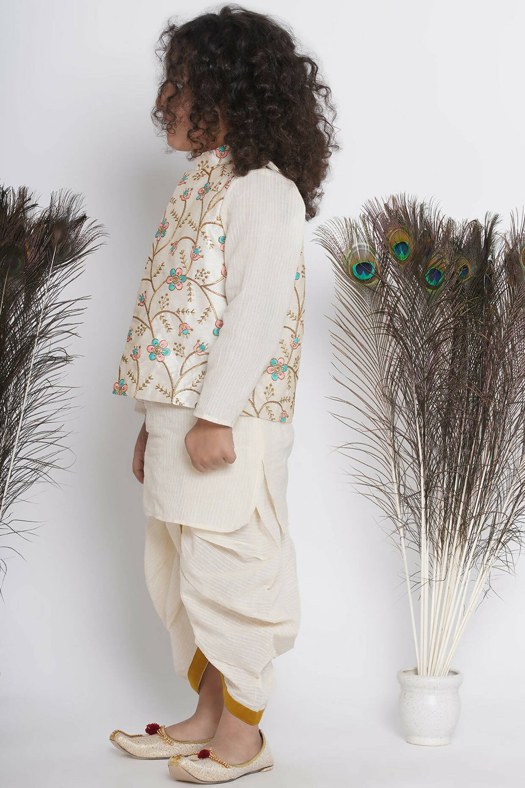 Little Bansi Banarsi Silk Pink Blue Floral Embroidery Jacket With Cotton Kantha kurta And Kantha Dhoti - Cream