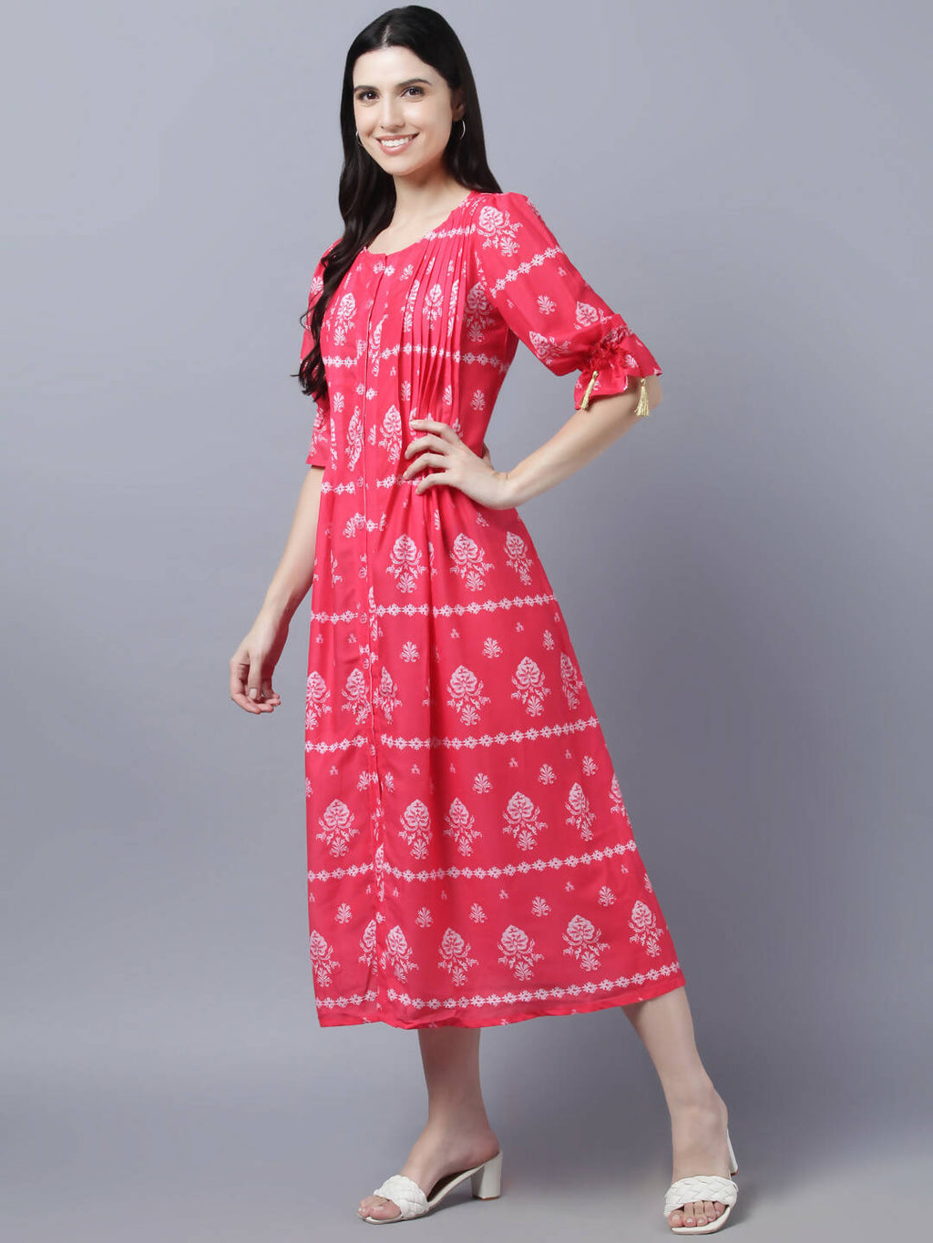 Myshka Women's Pink White Ethnic Motifs Printed Maxi Dress - Distacart