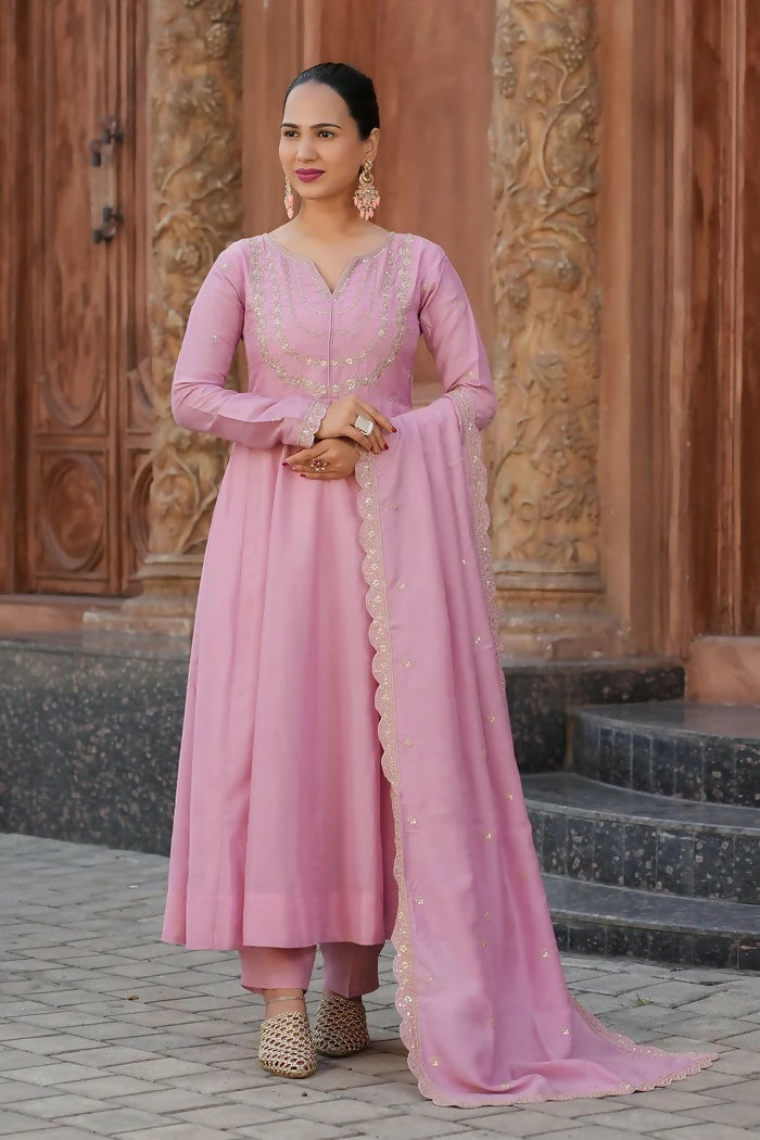 The52 Pink Women's Gorgeous Vichitra Silk Fabric Embroidered Work Flared Anarkali Pant and Dupatta Set - Distacart