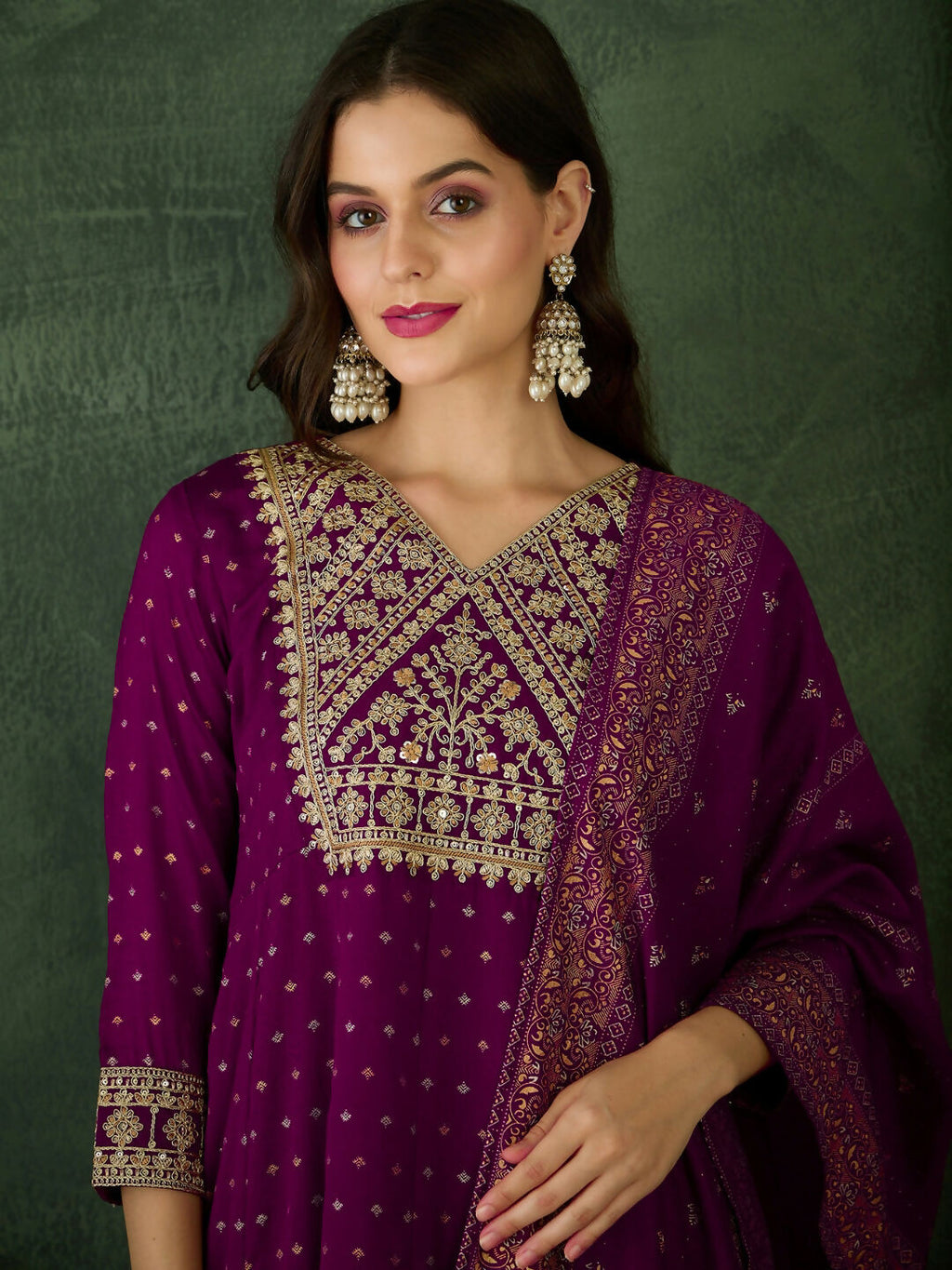 The52 Wine Women's Gorgeous Embroidered Work Vichitra Silk Fabric Flared Kurta Pant and Dupatta Set - Distacart