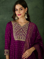 The52 Wine Women's Gorgeous Embroidered Work Vichitra Silk Fabric Flared Kurta Pant and Dupatta Set - Distacart