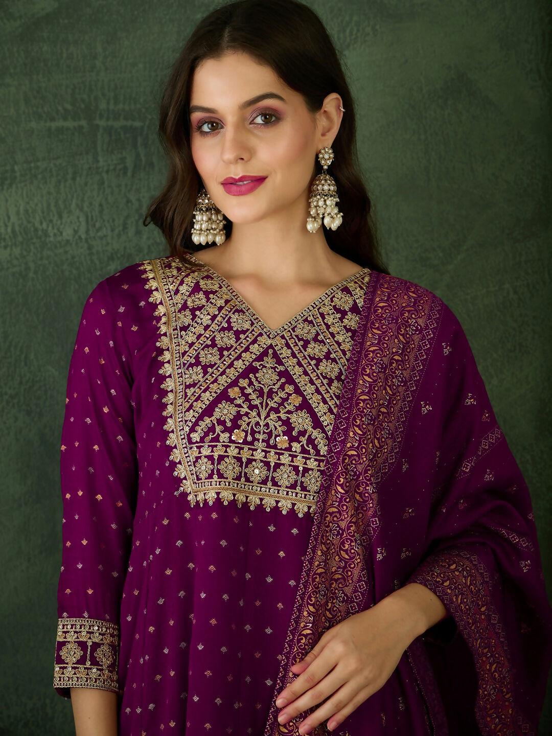 The52 Wine Women's Gorgeous Embroidered Work Vichitra Silk Fabric Flared Kurta Pant and Dupatta Set - Distacart
