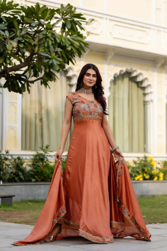 Teeya Creation Orange Color Vichitra Silk Designer Party Wear long Gown - Distacart