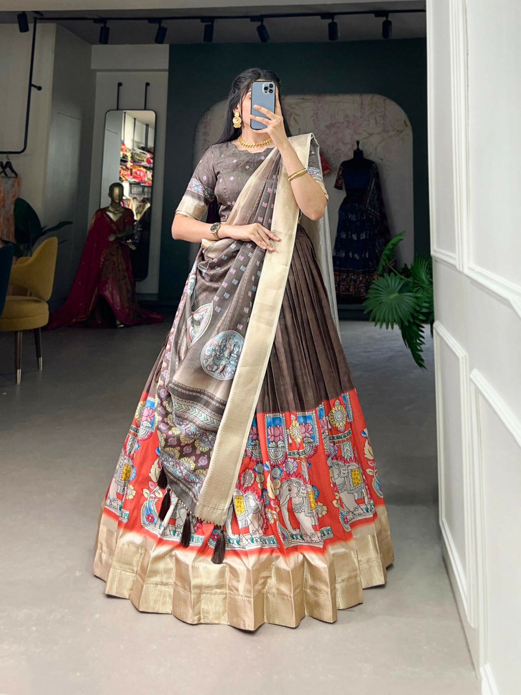 Vastranavya Kalamkari Print With Weaving Border Lehenga with Unstitched Blouse - Brown