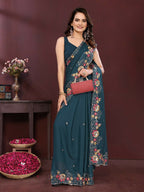 Ai Fashion Teal Soft Star Georgette Embroidery Party Wear Saree - Distacart