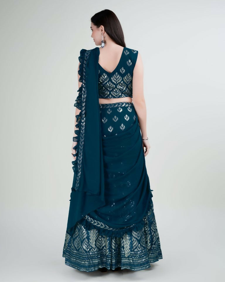 Teal Georgette Sequence Embroidered Lehenga Choli with Dupatta - Tanya
