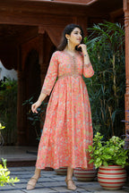 Kaajh Women's Light Orange Floral Handblock Printed Cotton Dress - Distacart