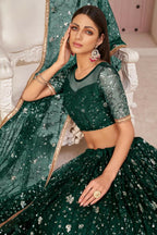 Aastha Fashion Parrot Green Butterfly Net All Over Thread Work, Zari Work And Sandwich Sequence Work Embroidery Wedding Wear Lehenga Choli