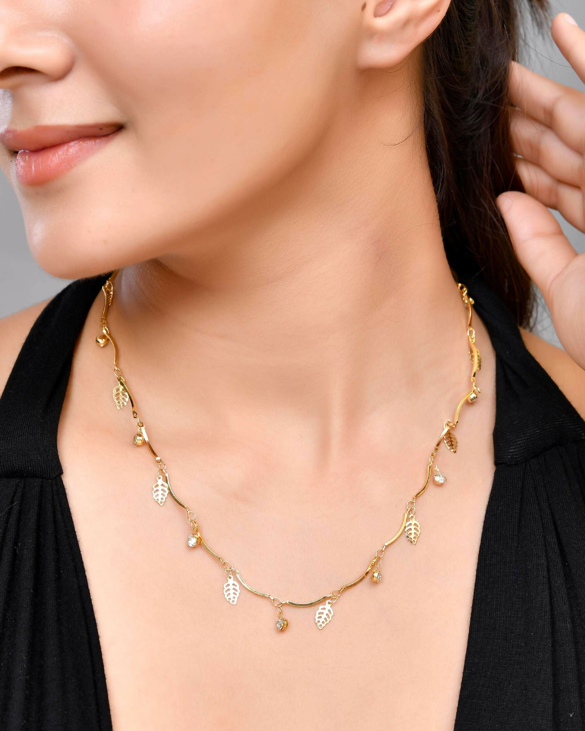 VOJ Gold-Polished Designer Chain For Women With AD Stone And Leaf