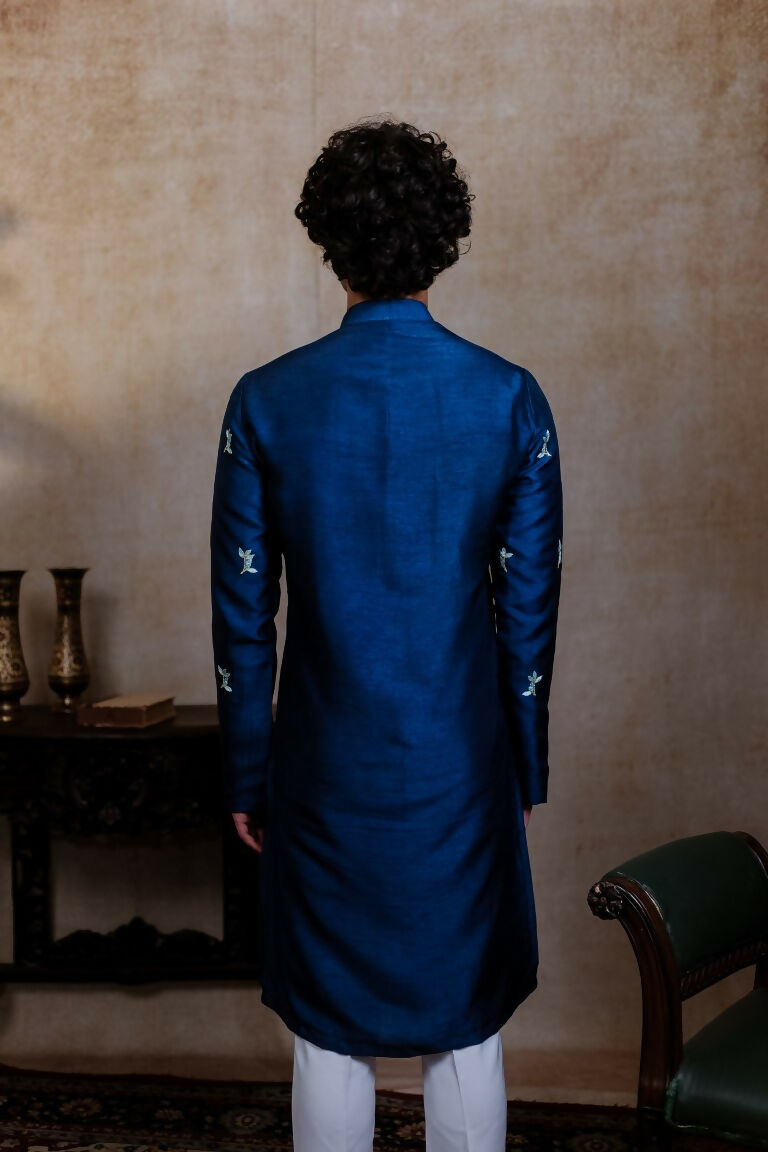 Falling Raw Silk Navy Blue Neel Mayura Kurta Set By Hilo Design