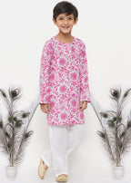 Little Bansi Boys Cotton Floral Kurta with Pearl Buttons & Pyjama in Pink & Cream
