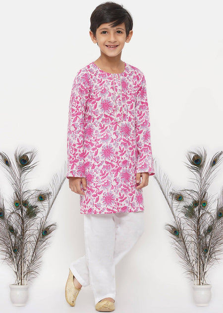 Little Bansi Boys Cotton Floral Kurta with Pearl Buttons & Pyjama in Pink & Cream