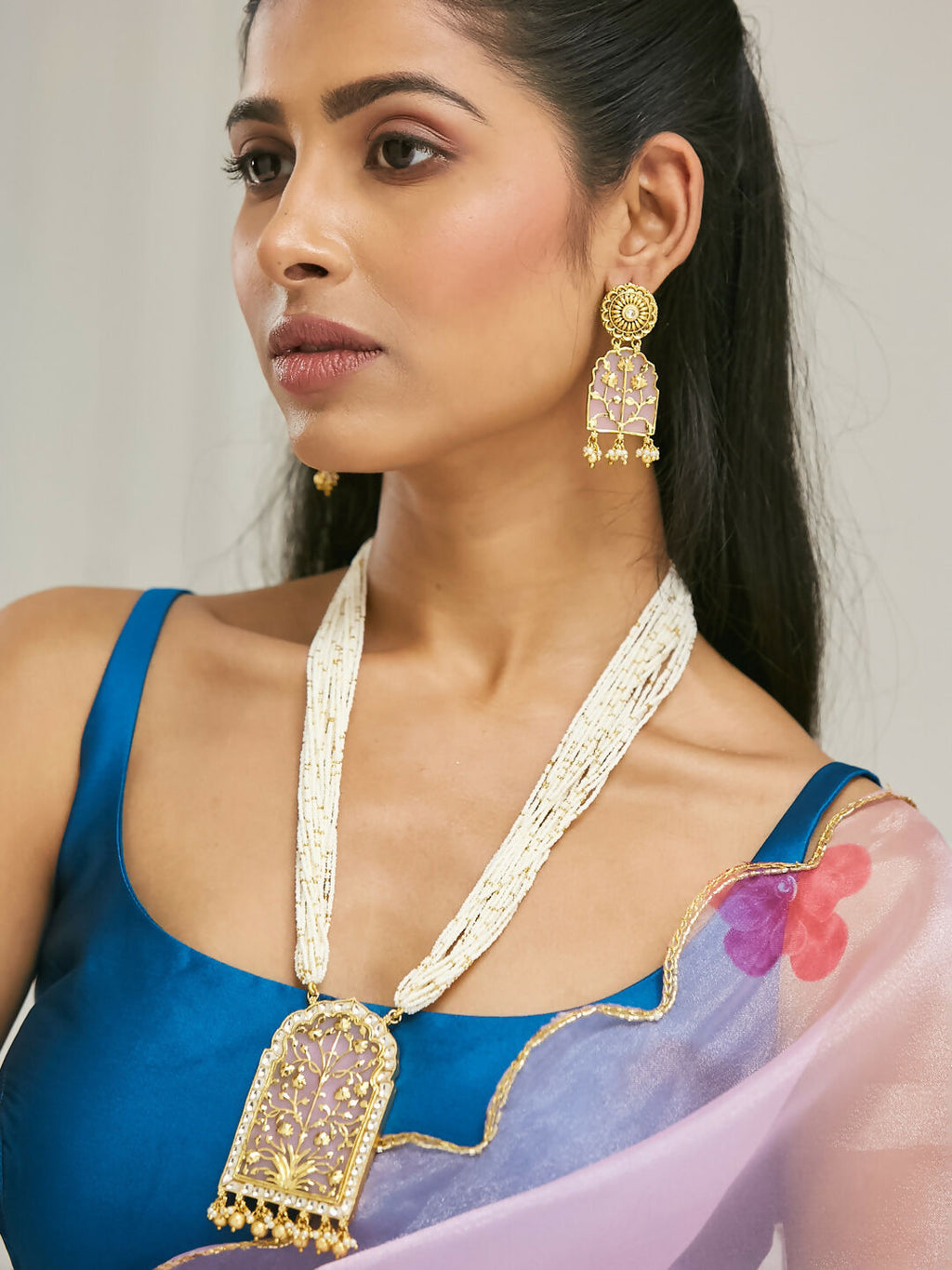 Nuyug 22K Gold-Plated Pearl Beaded Strings Floral Motifs Enamel Pendant Necklace Set