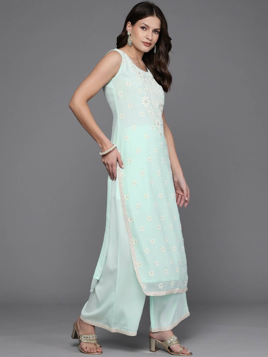 Ahalyaa Women Floral Embroidered Regular Kurta with Palazzos - Blue Color