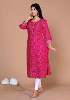 Miravan Women's Embroidered Pink Bandhani Pakistani Straight Kurti